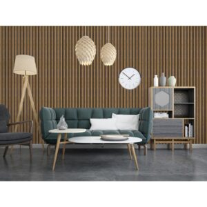 Living cu canapea verde și lustre, pe un perete placat cu riflaj maro cu dungi închise, decor 1287BPT