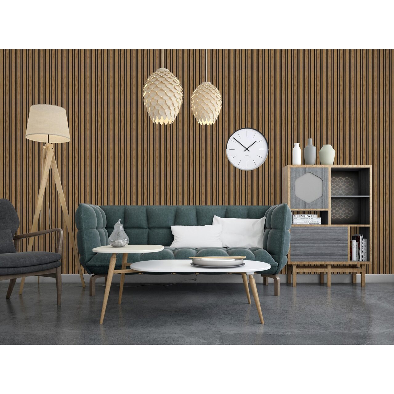 Riflaj decor 1287BPT în living Living cu canapea verde și lustre, pe un perete placat cu riflaj maro cu dungi închise, decor 1287BPT