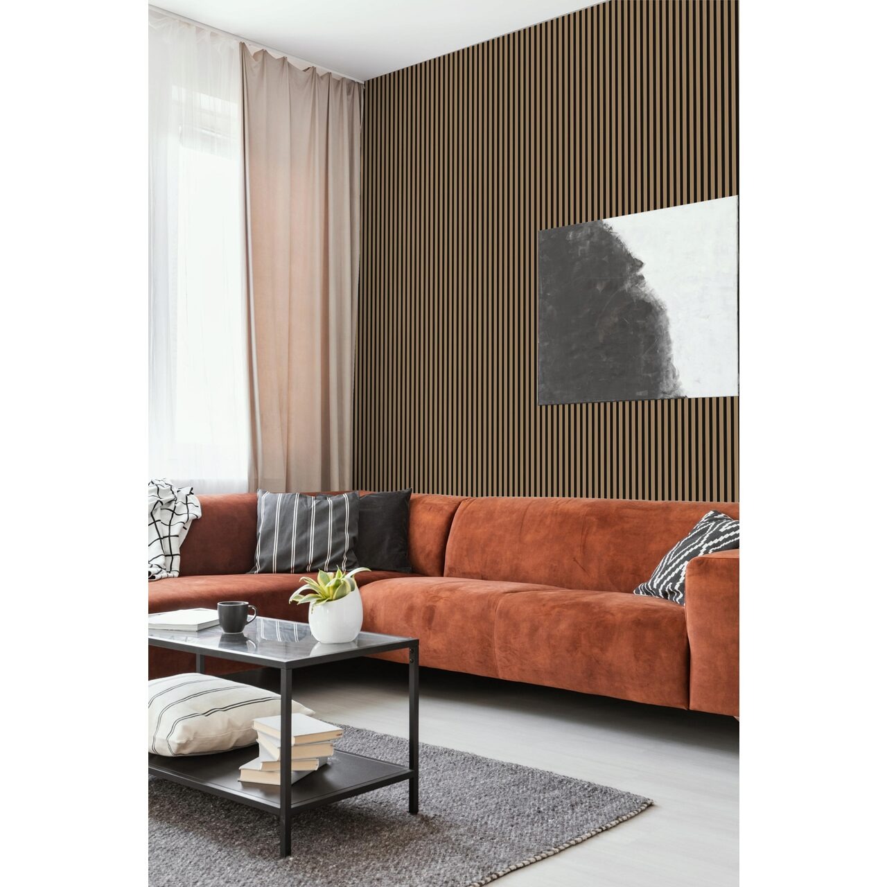 Terminație superioară JC1022-505B – decor 505B Living cu canapea cărămizie și riflaj cupru cu negru, imagine pentru terminația superioară JC1022-505B