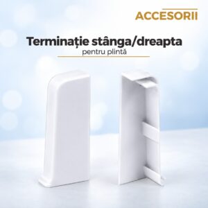 Două terminații albe din PVC pentru plintă, una văzută din față și una din spate, cu lamelele de prindere