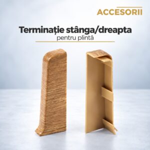 Două terminații din PVC tip stejar natur pentru plintă, una din față și una din spate, cu lamele de prindere