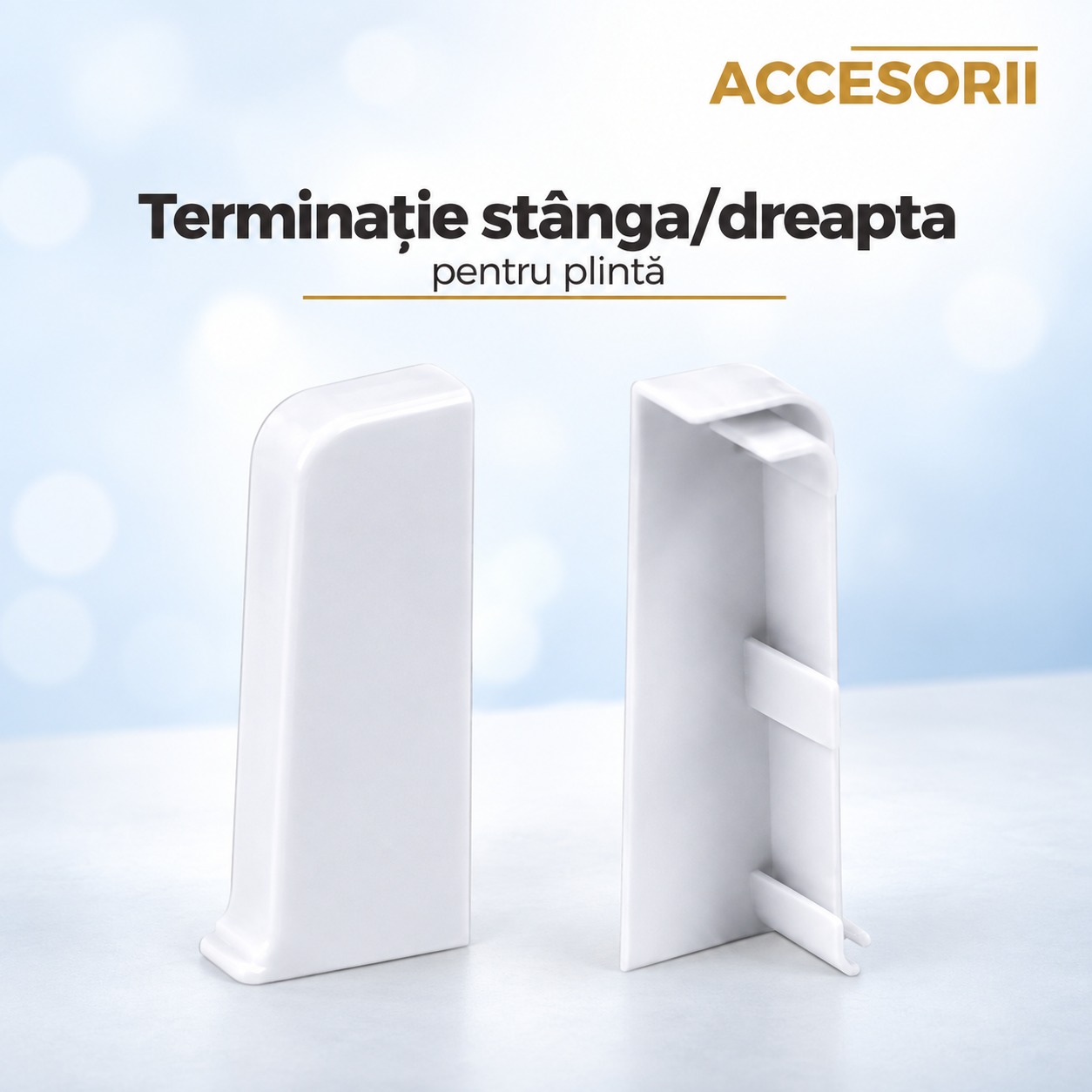 Terminații stânga și dreapta pentru plintă, albe Două terminații albe din PVC pentru plintă, una văzută din față și una din spate, cu lamelele de prindere