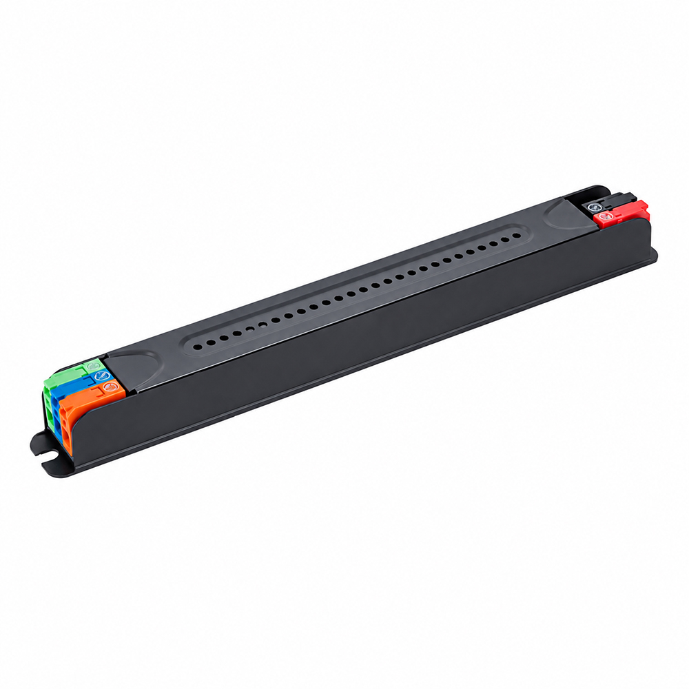 Transformator bandă LED Mini Pro 24 V, 75 W Transformator Mini Pro negru, îngust, cu găuri de aerisire, cleme de intrare colorate și ieșire roșu-negru