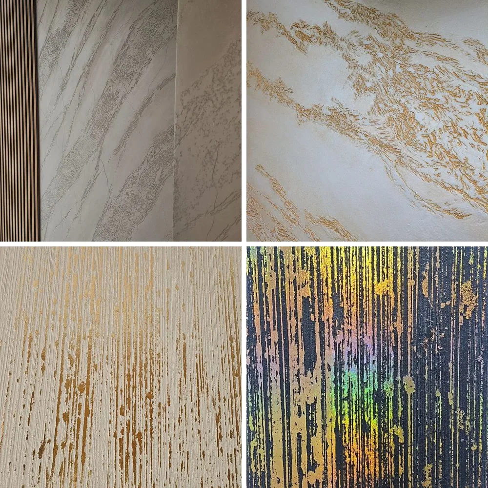Patru texturi de travertin decorativ: relief gri în benzi diagonale, relief alb cu accente aurii, dungi crem cu accente arămii și dungi închise cu foiță aurie holografică