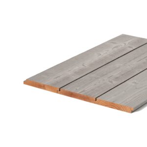 Trei plăci Luna Arctic Layer 19×142 îmbinate, văzute în perspectivă: fața gri-argintie periată și canturile brune