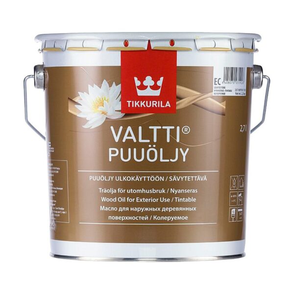 Recipient de 2,7 l de ulei Tikkurila Valtti pentru lemn de exterior, cu eticheta maro