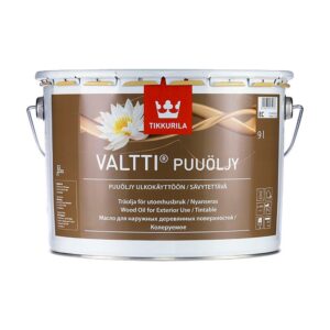 Găleata de 9 l cu ulei nuanțabil Tikkurila Valtti Puuöljy pentru lemn de exterior, cu eticheta maro și un nufăr alb