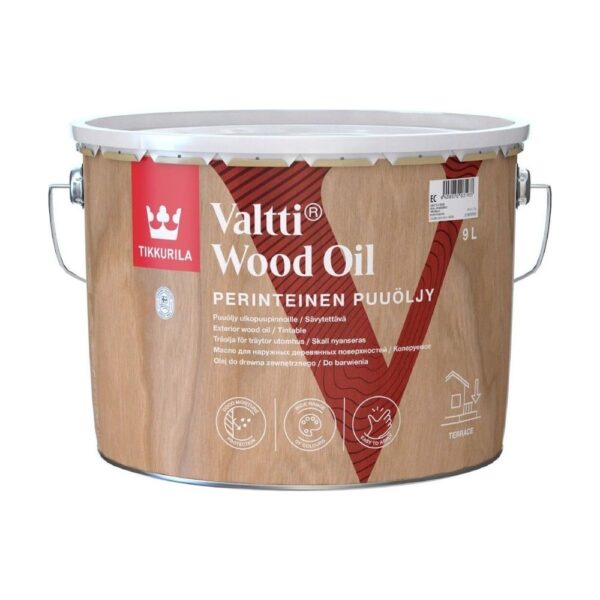 Găleata întreagă de 9 l Tikkurila Valtti Wood Oil, cu toarte metalice, ulei pentru lemnul de exterior și terase