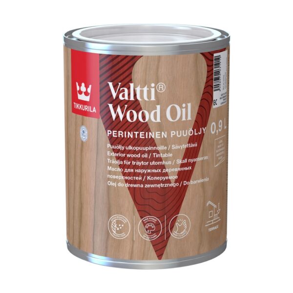 Cutie de 0,9 l cu uleiul nuanțabil Tikkurila Valtti Wood Oil pentru lemn de exterior, cu V roșu pe eticheta maro