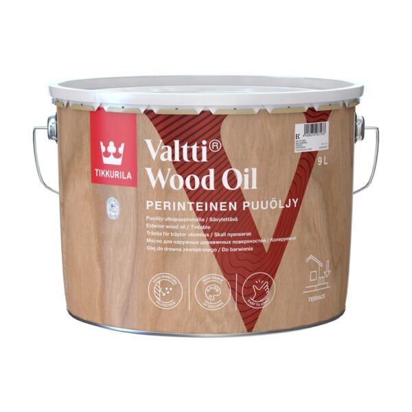 Găleată de 9 l cu uleiul tradițional Tikkurila Valtti Wood Oil pentru terase și lemn de exterior, văzută de aproape