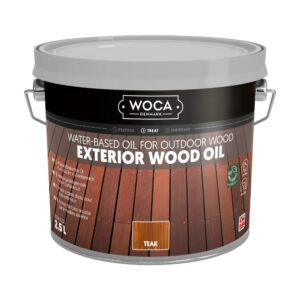 Găleată Woca Exterior Wood Oil în nuanța Teak, ulei pe bază de apă pentru lemnul de exterior, cu o terasă pe etichetă