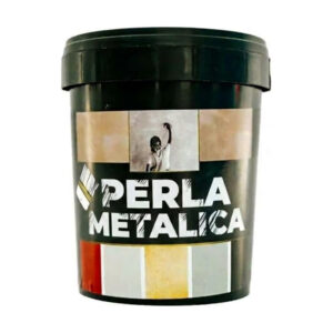 Găleată de vopsea decorativă Perla Metalică, cu etichetă neagră și mostre de culoare