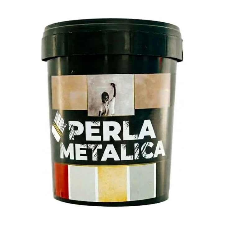 Găleată de vopsea decorativă Perla Metalică, cu etichetă neagră și mostre de culoare Găleată de vopsea decorativă Perla Metalică, cu etichetă neagră și mostre de culoare