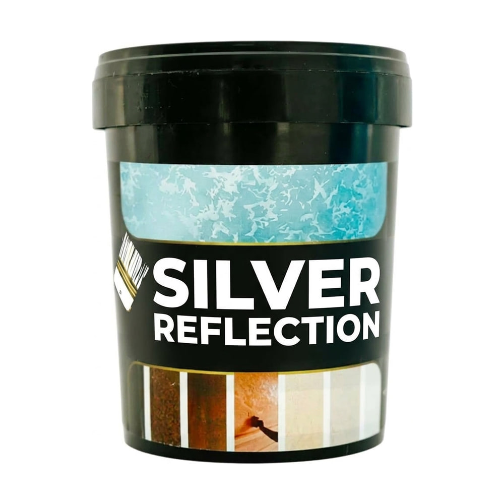 Găleată de vopsea decorativă Silver Reflection, cu etichetă neagră și o bandă de textură turcoaz Găleată de vopsea decorativă Silver Reflection, cu etichetă neagră și o bandă de textură turcoaz