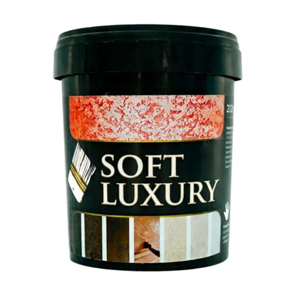 Găleată de vopsea decorativă Soft Luxury, cu etichetă neagră și mostre de finisaj metalizat