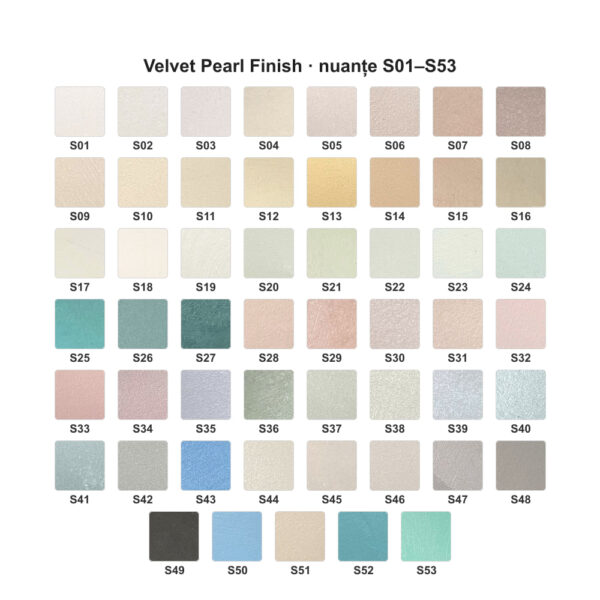 Paletarul vopselei Velvet Pearl Finish: nuanțele S01–S53, fiecare cu codul ei